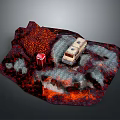 Off road truck traversing volcanic lava terrain with small red structure