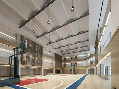 Spacious Basketball Gym Interior With Wooden Court Hanging Lights And High Ceiling Structure 3d model