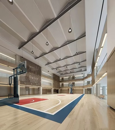 Spacious Basketball Gym Interior With Wooden Court Hanging Lights And High Ceiling Structure 3d model