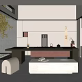Modern Minimalist Tea Room Interior Design With Long Table Tea Sets And Stone Bench 3d model