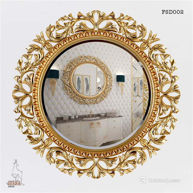 Round Golden Ornate Frame Mirror Reflecting Bathroom With White Vanity Gold Faucet And Green Sconces 3d model 