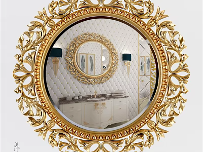 Round Golden Ornate Frame Mirror Reflecting Bathroom With White Vanity Gold Faucet And Green Sconces 3d model