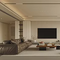 Modern Living Room With Leather Sofa TV Wooden Coffee Table And Bookshelves