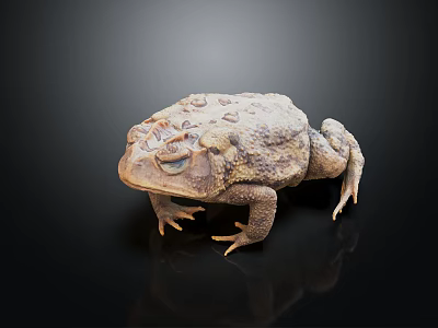 3D Rendered Reptile Toad With Detailed Skin Texture Standing On Black Background With Reflection 3d model