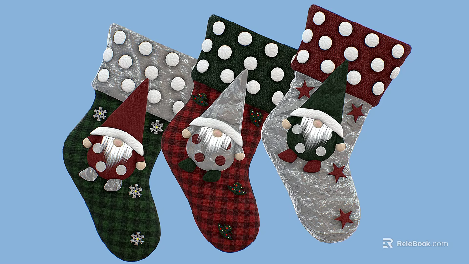 Green Red Silver Christmas Stockings With White Polka Dots Gnome Stars Snowflakes 3d model 