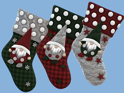 Green Red Silver Christmas Stockings With White Polka Dots Gnome Stars Snowflakes 3d model