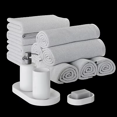 Essential Daily Washing Supplies With Grey Rolled And Folded Towels White Soap Dispenser And Cup 3d model
