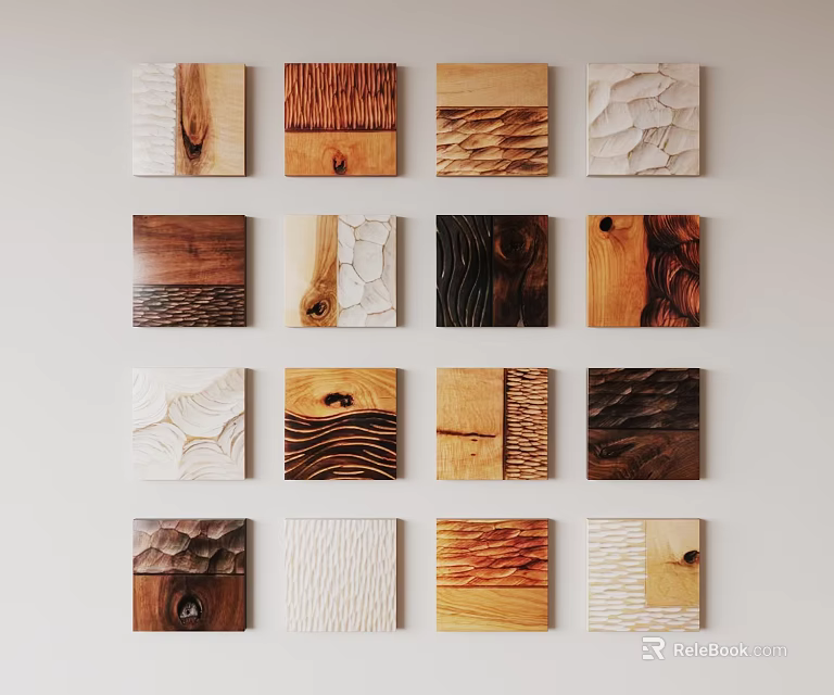 Rustic Wooden Wall Decor With Various Textured Panels Arranged On White Wall 3d model