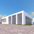 Modern White Building With Wooden Accents Large Glass Windows Plaza Under Blue Sky White Clouds