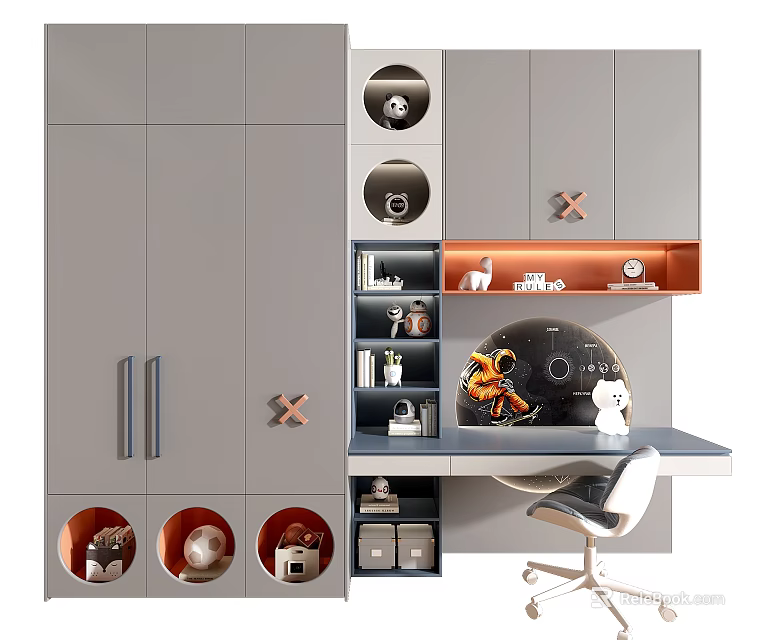 Modern Gray Wardrobe Design With Open Storage Shelves And Drawer Compartments 3d model