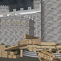 Medieval Castle With Multiple Towers Surrounded By Mountains And Water Scene