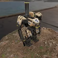Intelligent Machine with Mechanical Legs Stands on Rocky Shore Near Water Under Cloudy Sky