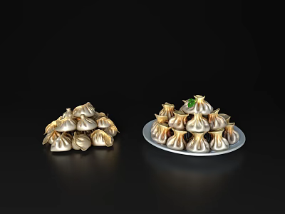 Golden And Silver Dumplings On Plates With Green Garnish And Delicious Look 3d model