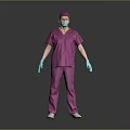 Man in Purple Scrubs with Surgical Cap Face Mask and Blue Gloves