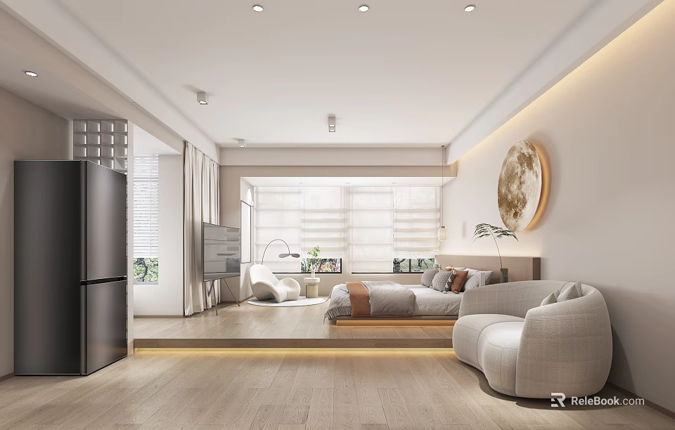 Modern Apartment Interior With Bed Sofa Large Windows And Round Art 3d model