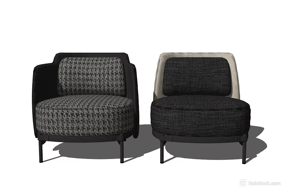 Modern Single Sofa Designs Featuring Houndstooth Pattern And Solid Color Upholstery With Black Slim Legs 3d model