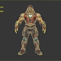 Hooded Muscular Character In Red And Black Outfit With Glowing Blue Accents And Armored Parts