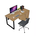 Wooden Office Desk With Computer Monitor Mouse Keyboard Cup Books Potted Plant And Chair