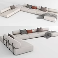 Light Colored Sectional Sofa With Multiple Throw Pillows And Cozy Blanket 3d model