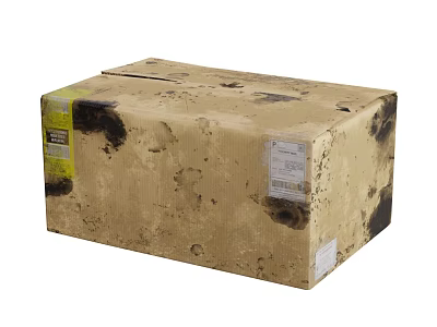 Brown Cardboard Box With Black Stains And White Labels On Soiled Surface 3d model