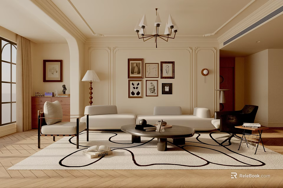 Elegant Living Room Interior With Paneled Walls Chandelier Framed Artworks Light Sofa And Geometric Rug 3d model 