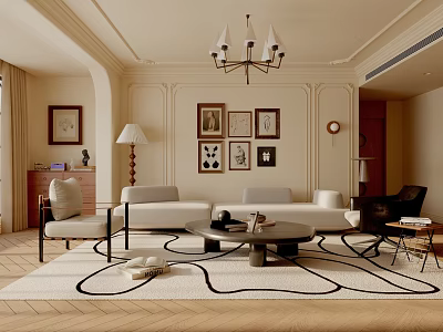 Elegant Living Room Interior With Paneled Walls Chandelier Framed Artworks Light Sofa And Geometric Rug 3d model