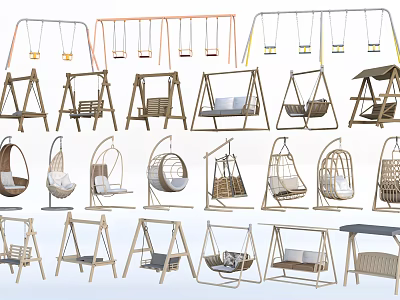 Various Types of Outdoor Playground Swings with Wooden Rattan and Hanging Designs 3d model