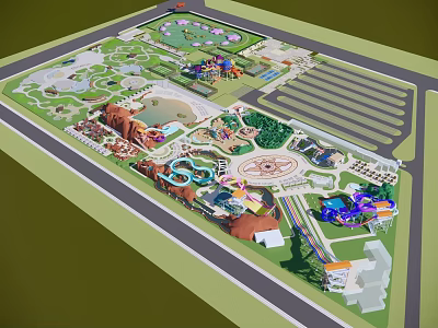 Children's Playground With Adventure Structures Water Pools Colorful Slides Green Lawns And Safe Paths 3d model