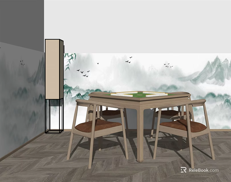 Modern Style Entertainment Table With Four Chairs And Landscape Painting Wallpaper Beside A Floor Lamp 3d model 