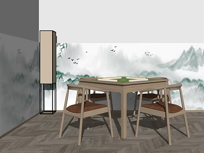 Modern Style Entertainment Table With Four Chairs And Landscape Painting Wallpaper Beside A Floor Lamp 3d model