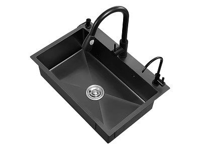 Black Single Bowl Kitchen Sink With Deep Basin And Modern Faucet 3d model