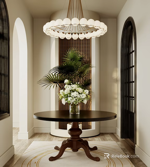 Elegant Foyer With Round Table Flowers Palm Plants And Chandelier 3d model 
