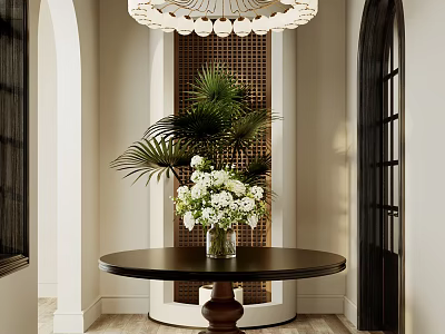 Elegant Foyer With Round Table Flowers Palm Plants And Chandelier 3d model