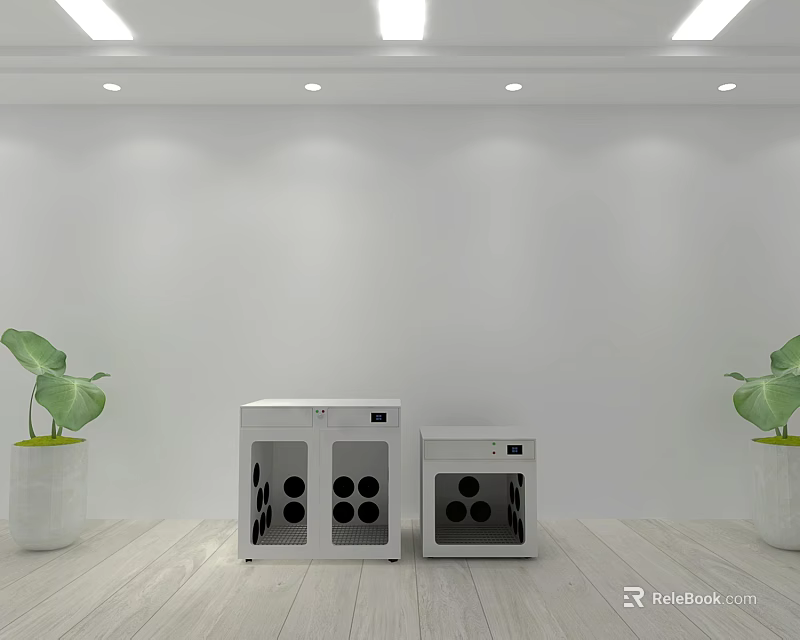 White Appliances On Wooden Floor With Green Plants White Walls And Ceiling Lights 3d model 