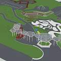Modern Park Landscape With Geometric White Canopies Green Trees Winding Paths And Children's Playground