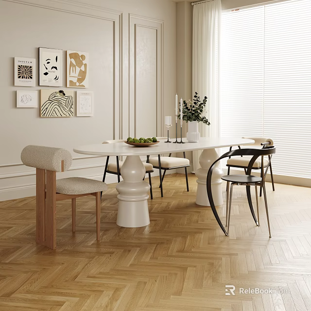 Modern Dining Table Set With White Top Various Chairs Greenery And Wall Art 3d model