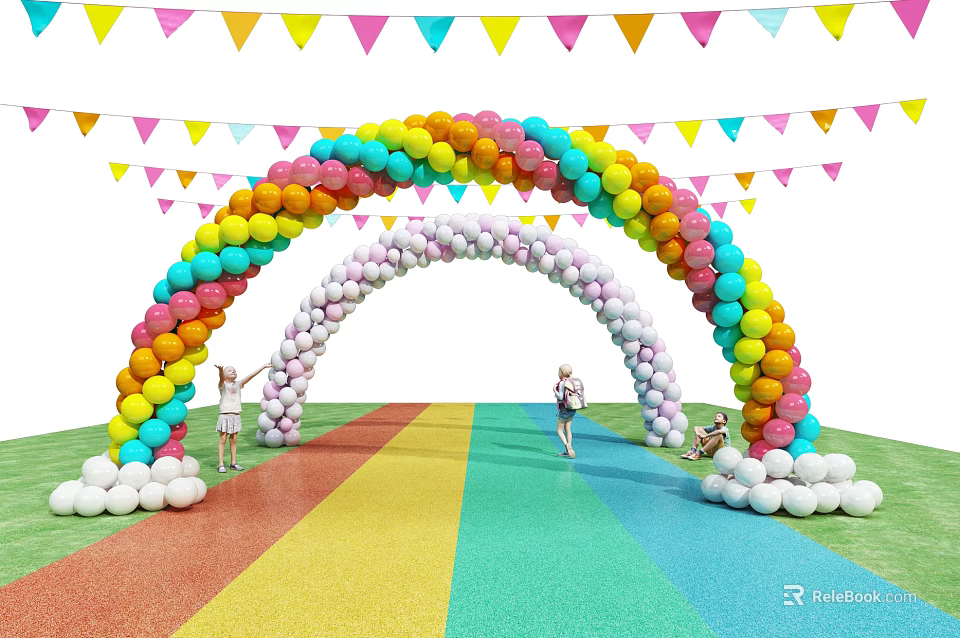 Colorful Balloon Arch With Rainbow Colored Ground Colorful Flags Above And People Walking 3d model 