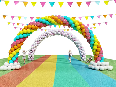 Colorful Balloon Arch With Rainbow Colored Ground Colorful Flags Above And People Walking 3d model