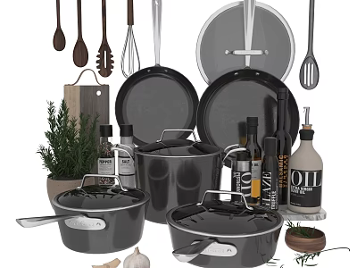 Essential Kitchen Cookware Set Featuring Frying Pans Lids Cooking Tools Spice Bottles And Fresh Herbs 3d model