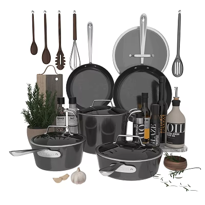 Essential Kitchen Cookware Set Featuring Frying Pans Lids Cooking Tools Spice Bottles And Fresh Herbs 3d model