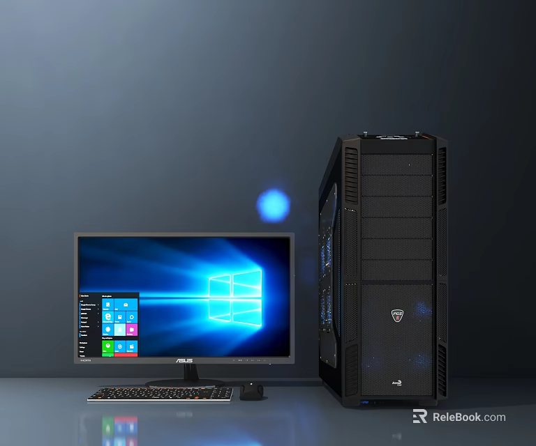 Modern Desktop Computer Setup Featuring Windows Monitor Black Tower And Keyboard 3d model 