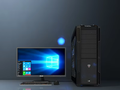 Modern Desktop Computer Setup Featuring Windows Monitor Black Tower And Keyboard 3d model