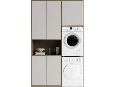 Bathroom Cabinet Rack With Gray Cabinets Open Shelf And Stacked Washer Dryer 3d model