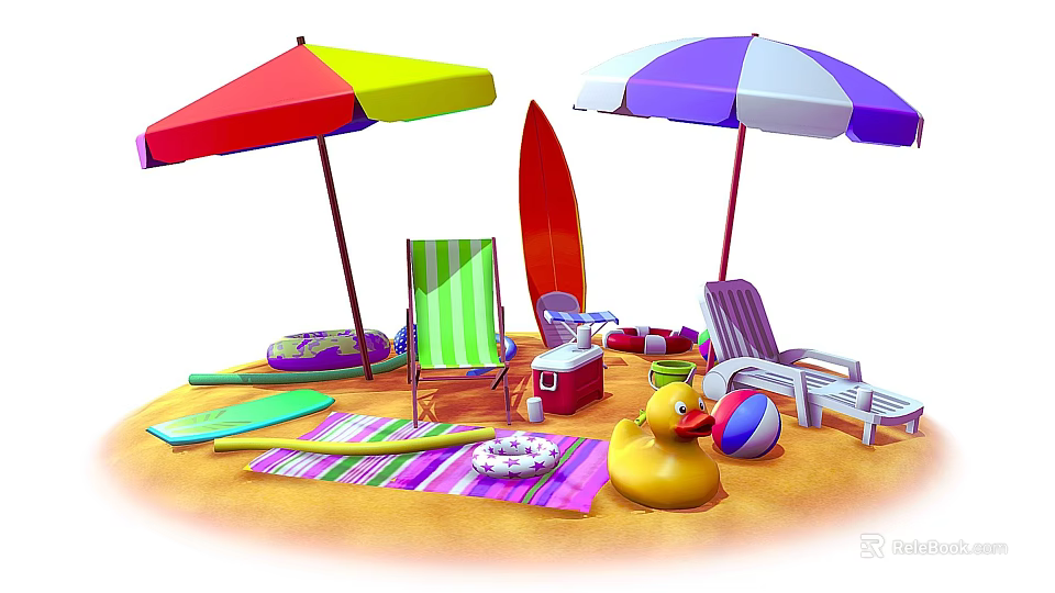 Cartoon Beach Scene With Colorful Umbrellas Beach Chairs Surfboard Rubber Duck And Beach Ball 3d model 