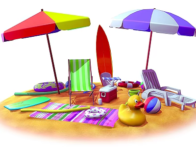 Cartoon Beach Scene With Colorful Umbrellas Beach Chairs Surfboard Rubber Duck And Beach Ball 3d model