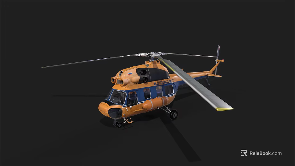 Orange And Blue Helicopter With Rotor Blades On Black Background 3d model 