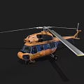 Orange And Blue Helicopter With Rotor Blades On Black Background