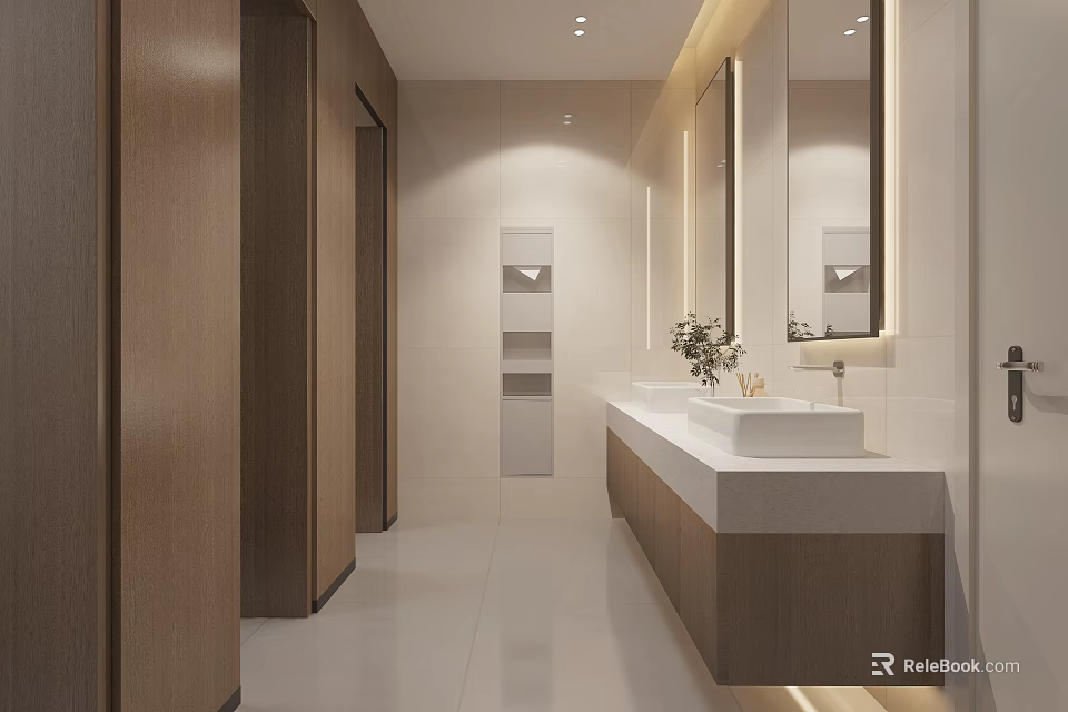Modern Public Restroom Interior With Wooden Doors White Countertop and Mirrors 3d model 