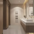 Modern Public Restroom Interior With Wooden Doors White Countertop and Mirrors