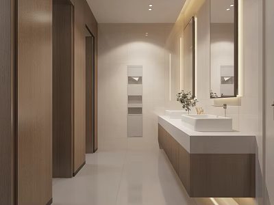 Modern Public Restroom Interior With Wooden Doors White Countertop and Mirrors 3d model